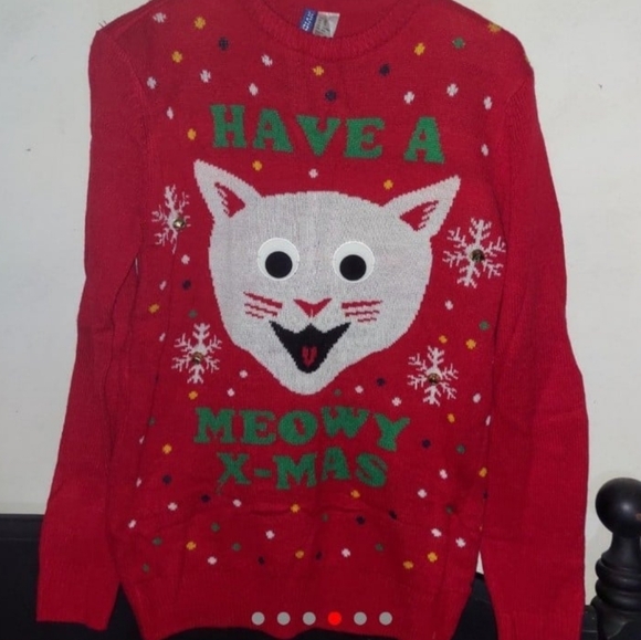 Red googly eyes cat ugly Christmas Sweater - Picture 2 of 4
